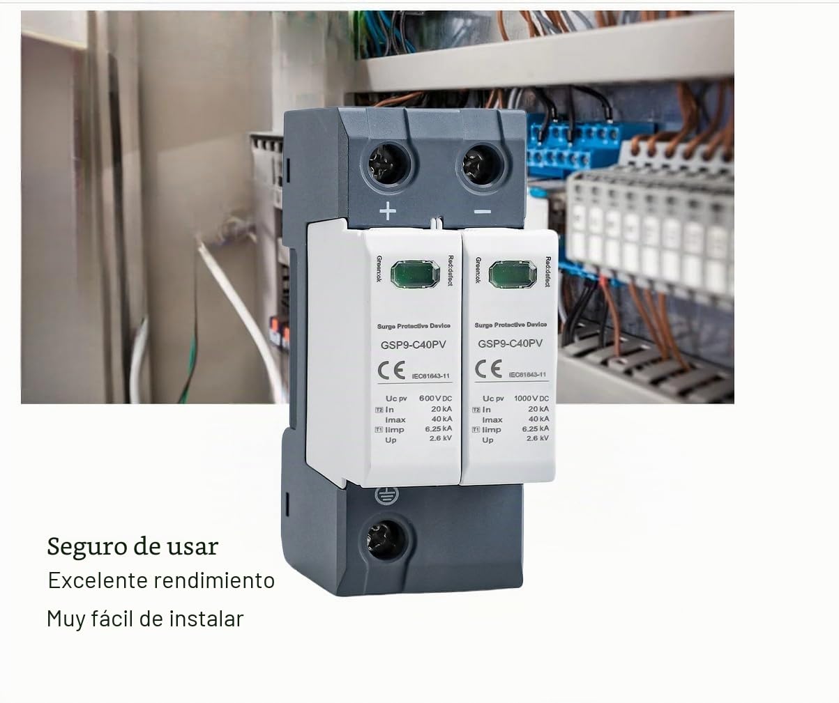 Descargador de sobretensión 2P 40KA 600VDC para corriente continua, dispositivo de protección contra sobretensiones y rayos, adecuado para fotovoltaicos y circuitos domésticos de baja tensión