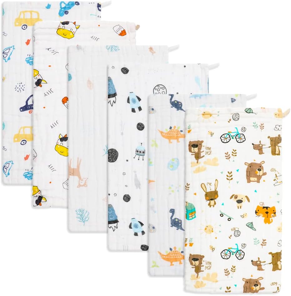 norinori Baby Burp Cloths Muslin Washcloths 6Pack - Muslin Burp Cloths Hanky Large 20''x10'' Extra Soft Absorbent Baby Burp Rags for Newborn 100% Cotton for Boys Girls Gift 6 Layers Machine Washable