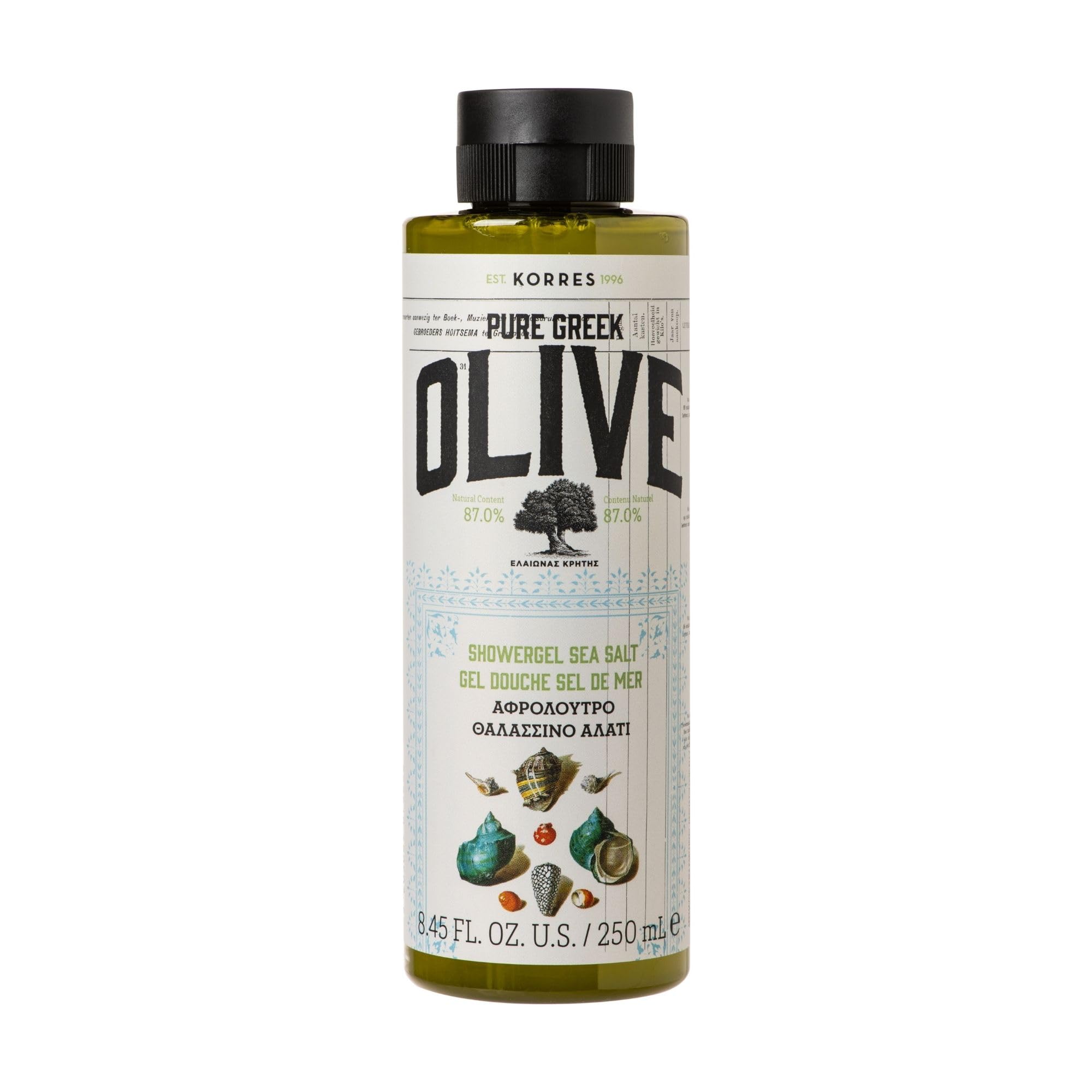 KORRES Olive Sea Salt feuchtigkeitsspendendes Duschgel für geschmeidige Haut, mit extra nativem Olivenöl, vegan, 250 ml