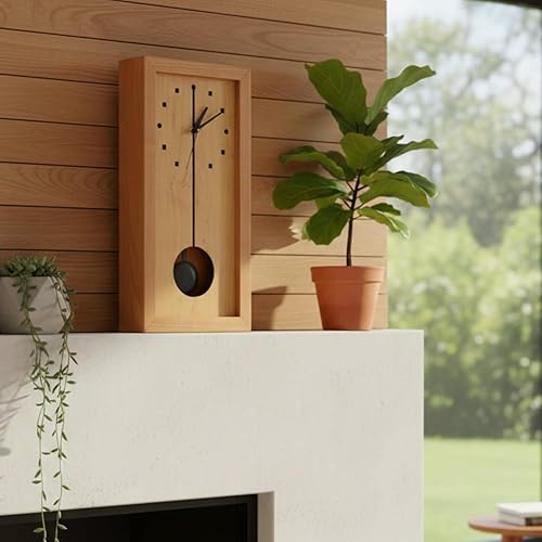 Miniatura 6 de Reloj rectangular moderno hecho en Estados Unidos con péndulo, cerezo natural y madera de arce, 16 pulgadas, estante o pared