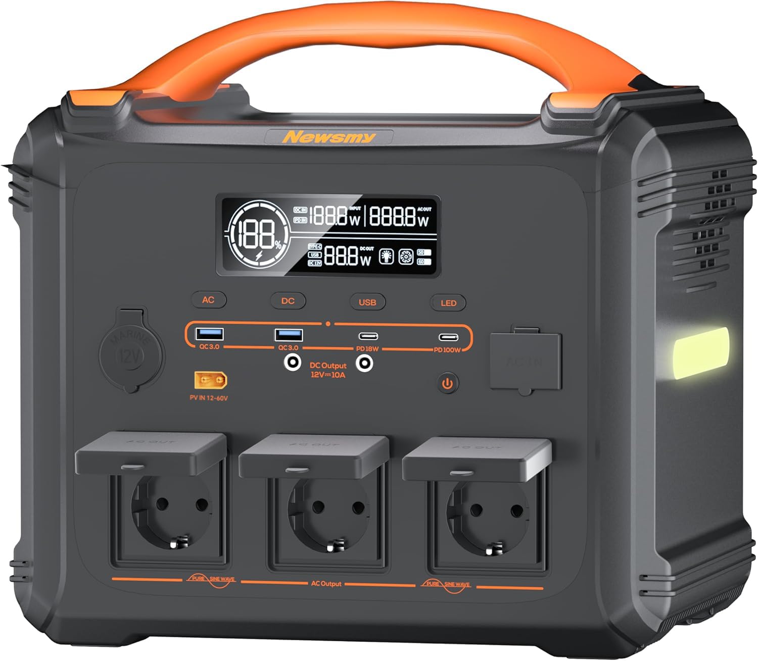 Newsmy Power station portatile da 1102,5 Wh con 230 V/1200 W (punta 2400 W), presa pura onda sinusoidale, ricarica rapida 1,2 ore, uscita PD100 W (Power Station portatile 1200 W)