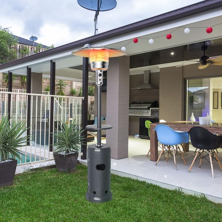 Propane Outdoor Heater 48000BTU 87in Steel Standing Design with Built-in 16in Table, 2 Wheels, Reflective Dome & Anti-Tip Mechanism