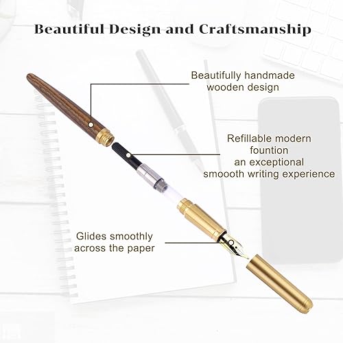 Miniatura 6 de Cobee Pluma estilográfica de madera con 12 cartuchos de tinta de 0.102 in, pluma estilográfica de madera de lujo hecha a mano, vintage, 0.020 in,