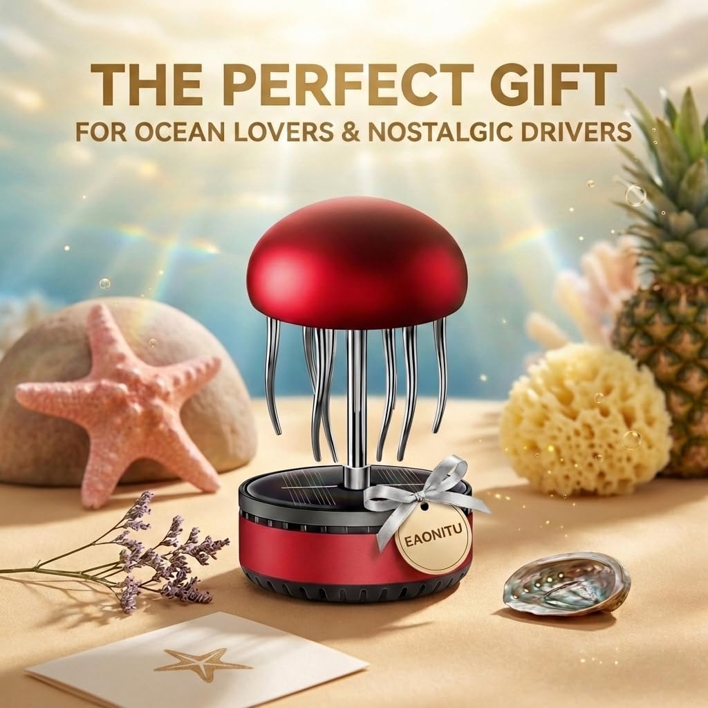 Solar Dashboard Spinner, Sun Powered Kinetic Car Decoration Diffuser Ornament, Jellyfish Under The Sea, Valentine's Birthday Gift Exchange, Fragrance & Aroma Cores Sold Separately (Coral Red)