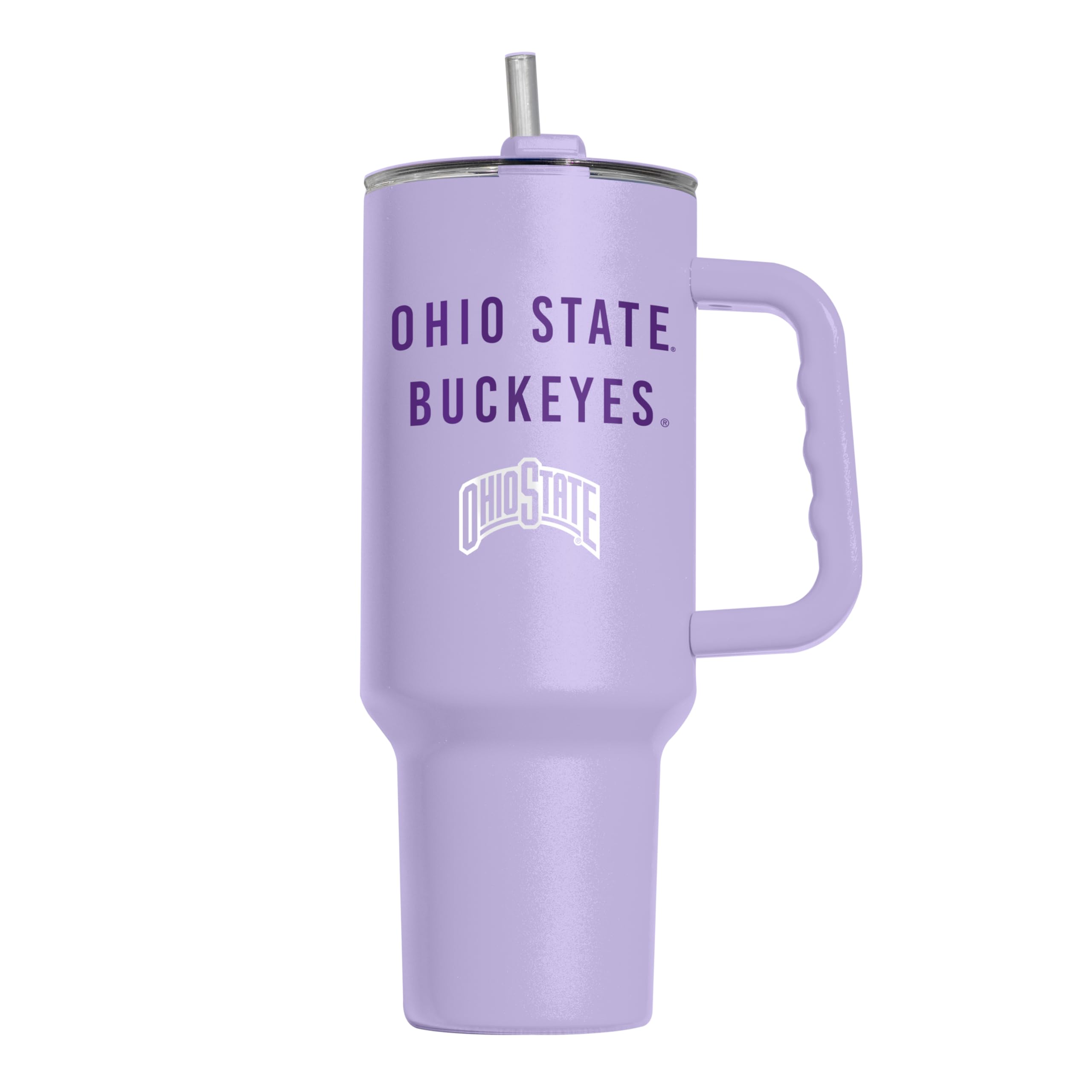 Logo Brands NCAA Ohio State Buckeyes Lavender 40 oz Tumbler with Handle - Stylish Everyday Use Powder Coated-Stainless Steel with Straw- Keeps Cold For Hours