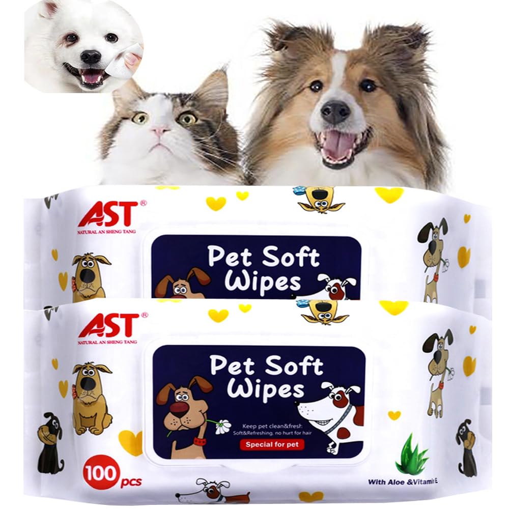 Feuchttücher für Haustier Hund Katze Feuchttuch Hypoallergen Bio-Reinigungstücher für Körper, Pfoten, Ohr, Gesicht - Duftfreie Hypoallergene, Natürliche, (2 Packung / 200 Stück)