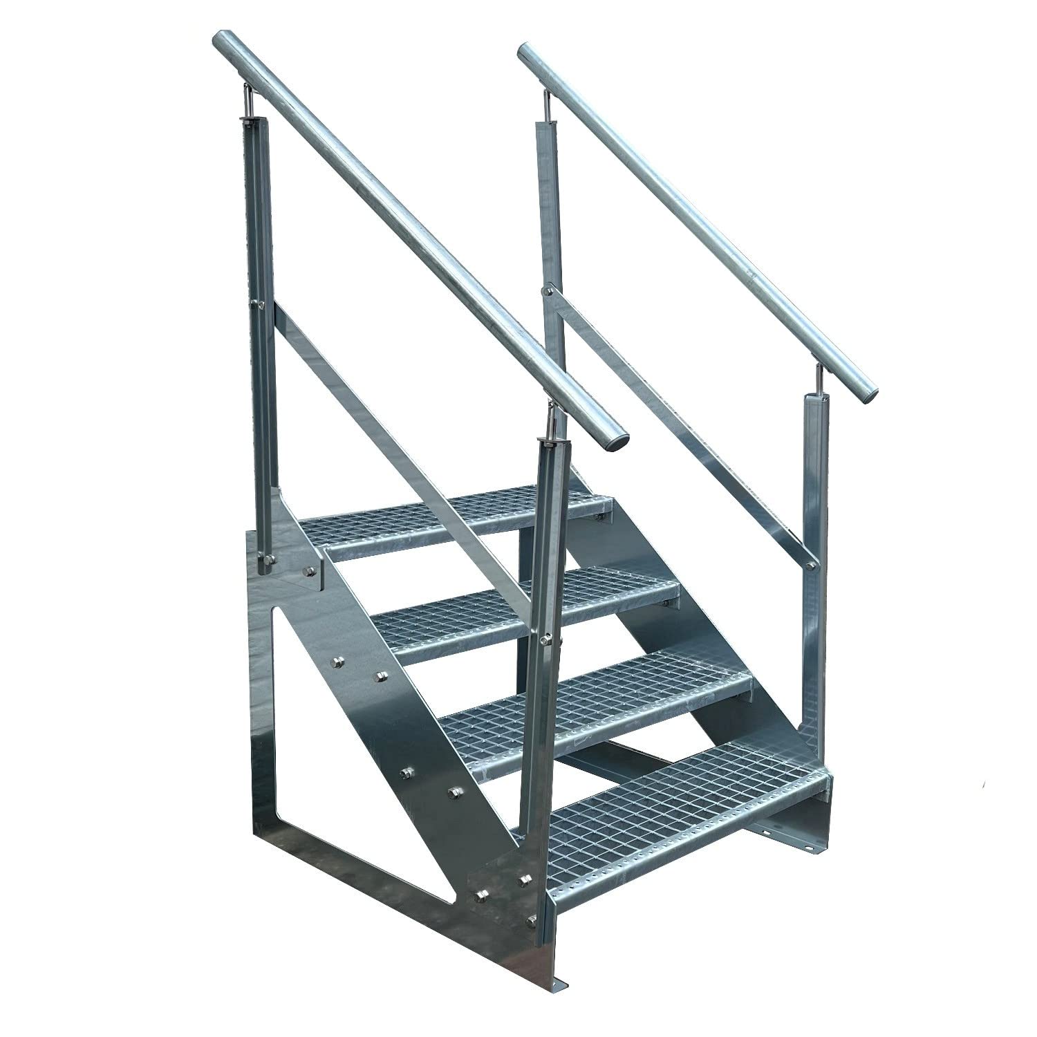 Premium Caillebotis acier Escalier à limon 4 Marches Autoportant Entièrement galvanisé avec garde-corps des deux côtés - Dimensions (L x l x H) 82cm x 120cm x 76cm
