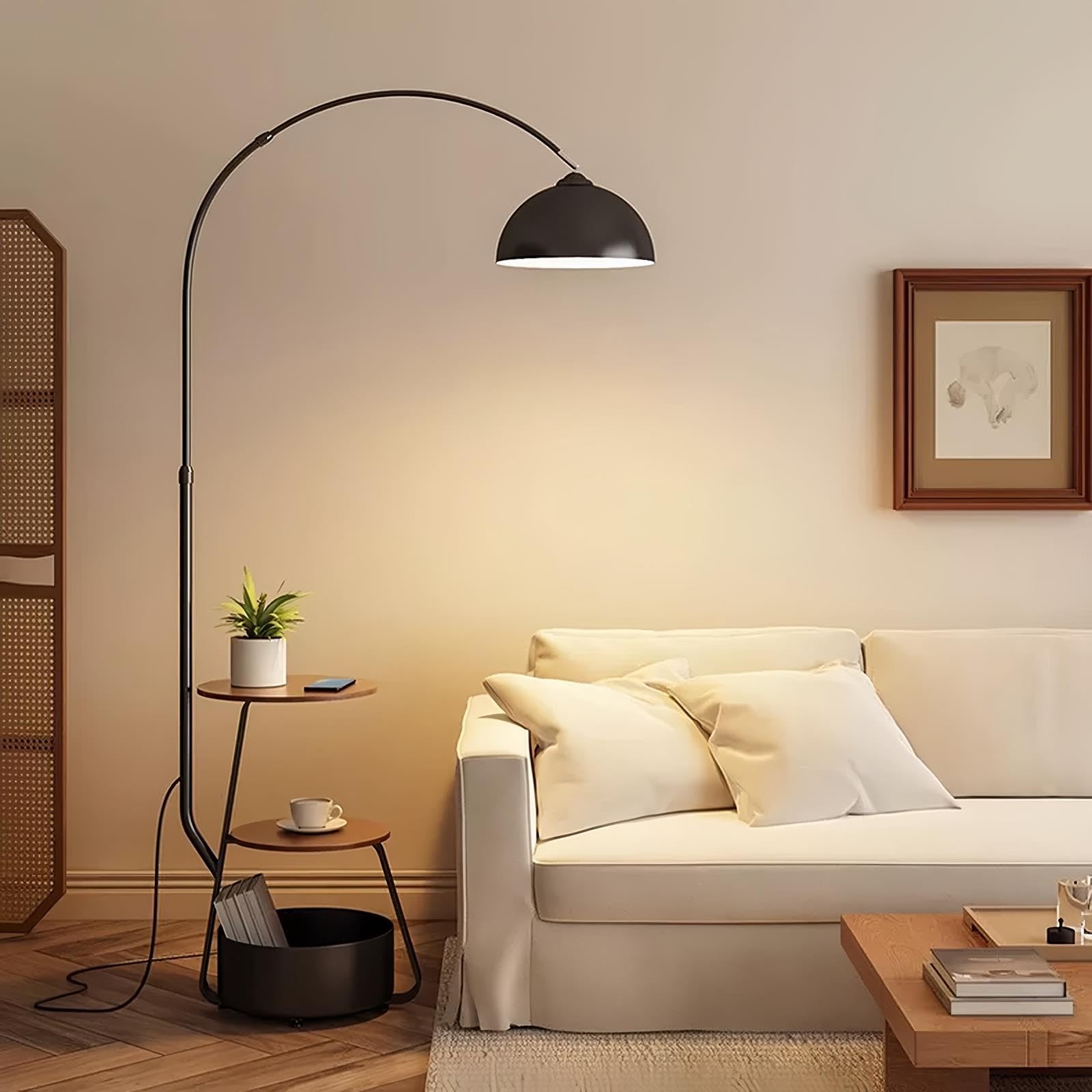 Lampada Ad Arco Pavimento Mensole Portaoggetti, Design Tavolino Laterale