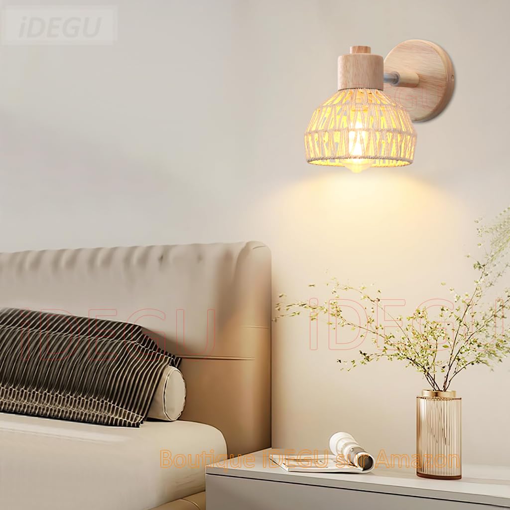 Lot de 2 Appliques Murales Intérieures 15CM Lampe Murale Réglable en Bois et Rotin Rétro E27 Luminaire Vintage pour Chambre Salon Couloir