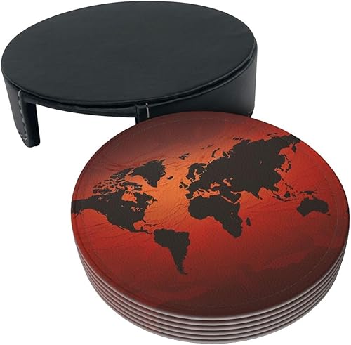 Miniatura 9 de Juego de 6 posavasos de mapa del mundo rojo y marrón para mesa de café, posavasos de cuero absorbente para bebidas con soporte para tazas, juego de