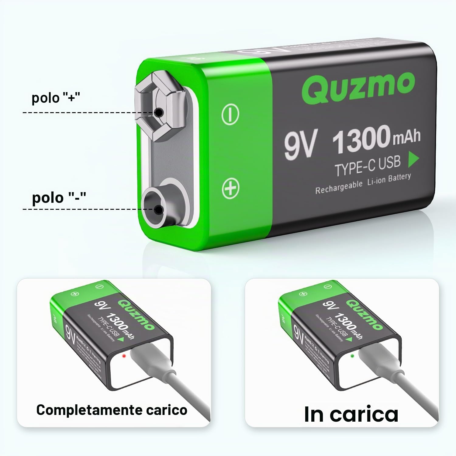 Batterie al litio ricaricabili USB 9 V, 1300 mAh, ricaricabili ad alta capacità da 9 V, con cavo di ricarica rapida USB-C 2 in 1, metal detector, multimetro (confezione da 4)