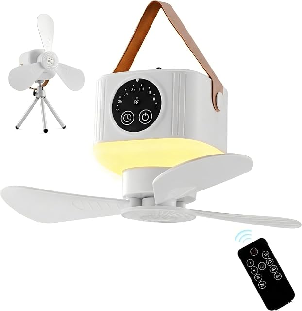 Portable Camping Ceiling Fan, LED Hanging Tent Fan With Remote&Timer, 7200mAh Rechargeable Battery&Storage Bag, 360° Adjustable Head, 4 Speeds&Brightness for Tent,Camping,RV,Travel,BBQ,Fishing