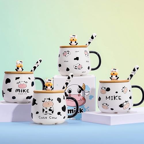 Miniatura 7 de SHENDONG Bonita taza de café de vaca con tapa encantadora, posavasos y cuchara kawaii, regalos de cosas con estampado de vaca, taza de té de