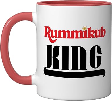 Rummikub King Logo with Royal Crown Black Ink Ceramic Mug, Red/White, 11oz