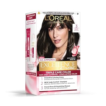 LOreal Paris Permanent Hair Colour, Radiant At-Home Hair Colour with up to 100% Grey Coverage, Pro-Keratin, Up to 8 Weeks of Colour, Excellence Crome, 3 Natural Darkest Brown