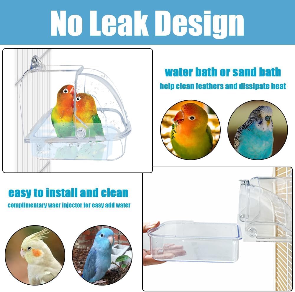 HAICHEN TEC Bird Bath for Cage - Spacious Parakeet & Parrot Bathtub with Hanging Hooks, Portable Shower for Most Birdcages, Cleaning Pet Supply (Clear) - image 6