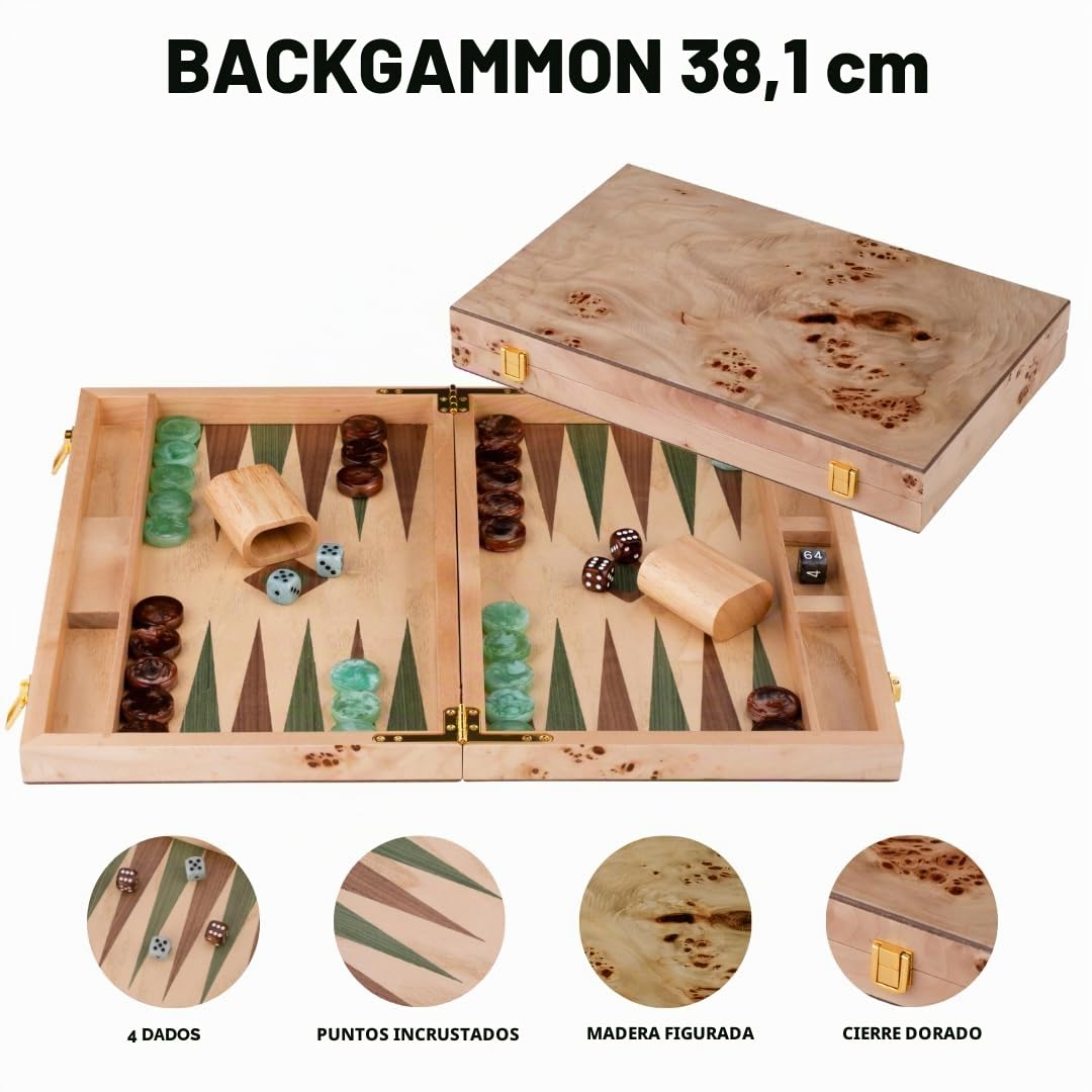 Engelhart-250550 – Backgammon de Madera 15 Pulgadas (38 cm) Maletín de Lujo Nogal – Abierto 48 × 38 cm – Fichas Verde/Marrón – Dados y Cubiletes – Juego de Mesa Clásico