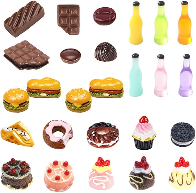 50 Pcs Mini foods for dollhouse,Miniature Food Drink Bottles Soda Pop Cans Pretend Play Kitchen Accessories Toys food,Mini Food Set for kids Teenagers Doll House Tableware Hamburg Cake Ice Cream