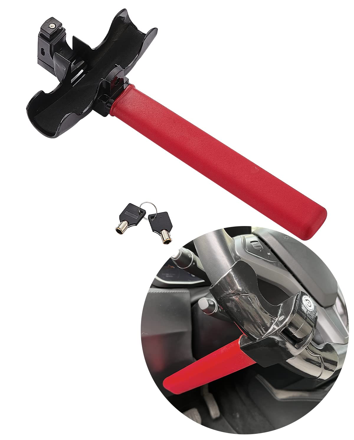 Steering Wheel Lock Anti-Theft car Device car Locks Security Products, Steering Wheel Lock T-Lock for Truck Car Vehicles Van Lorry SUV Black 2 Keys (RED)