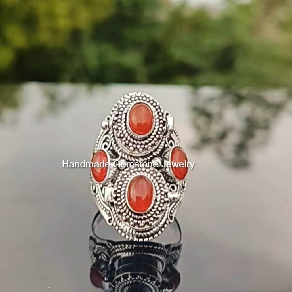 Handcrafted Natural Carnelian Statement Ring - Vintage Dual Box Desgin Wedding Jewelry, Orange Stone Artisan Pill Box Ring, Romantic Valentine's Gift for Women