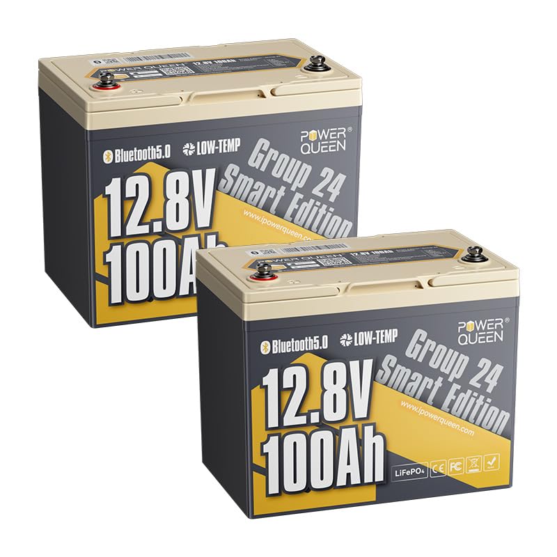 Image of Power Queen 12V 100Ah LiFePO4 Battery, Bluetooth 12Volt RV Lithium Battery with Low-Temp Protection, Group 24 Deep Cycle Battery, Up to 15000 Cycles for Motorhome, Trailer, Camper Van, Marine, Solar