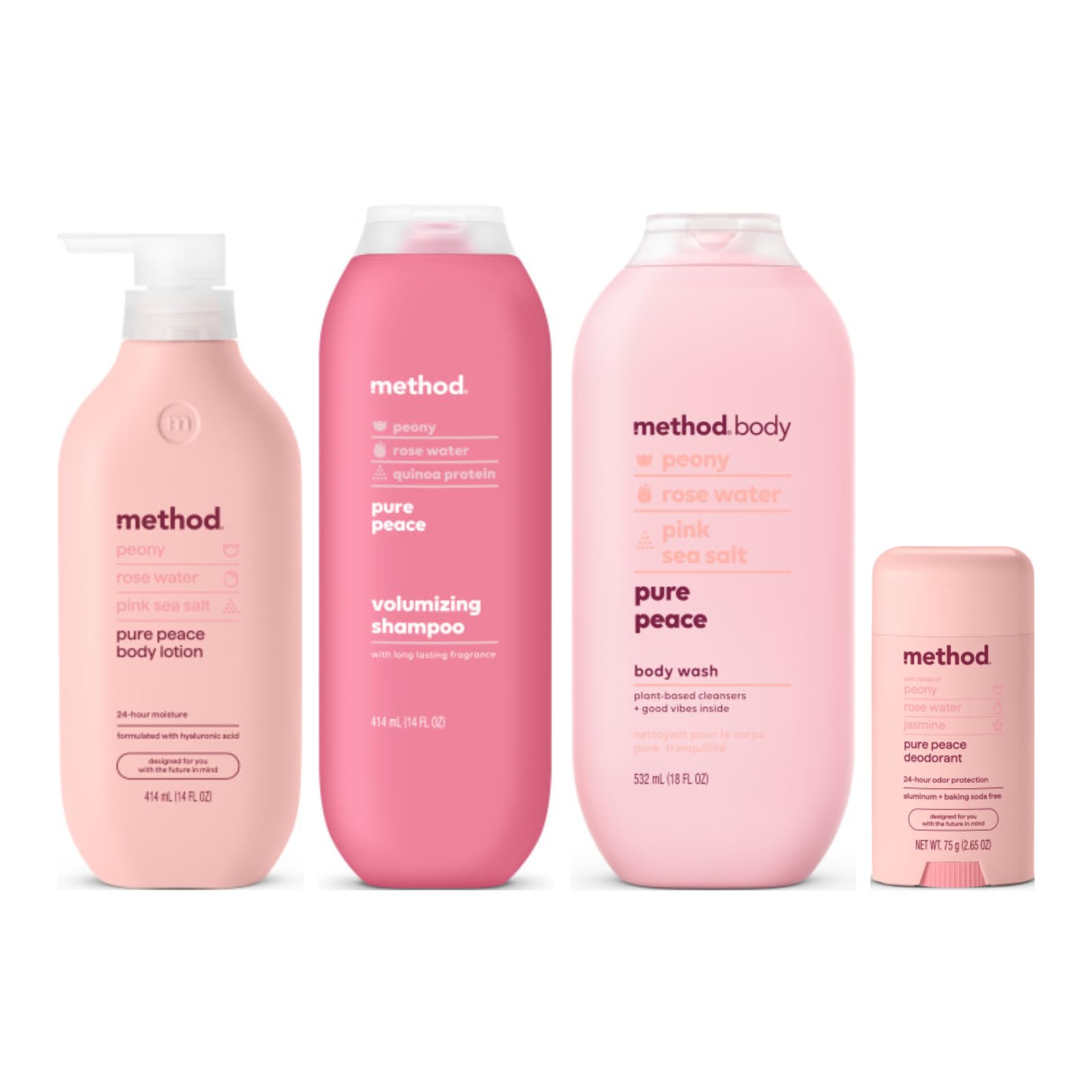 Method Pure Peace, Body Lotion 14 Fl Oz, Body Wash 18 Fl Oz, Deodorant 2.65 Oz, Volumizing Shampoo 14 Fl Oz (Variety Pack)