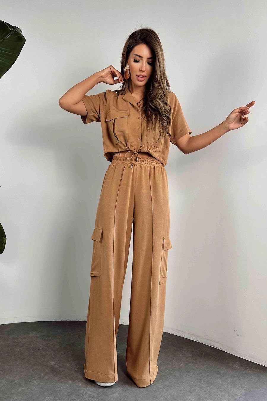 Conjunto de Verano de 2 Piezas para Mujer: Blusa de Manga Corta y Pantalón Cargo, Atuendo Deportivo Casual