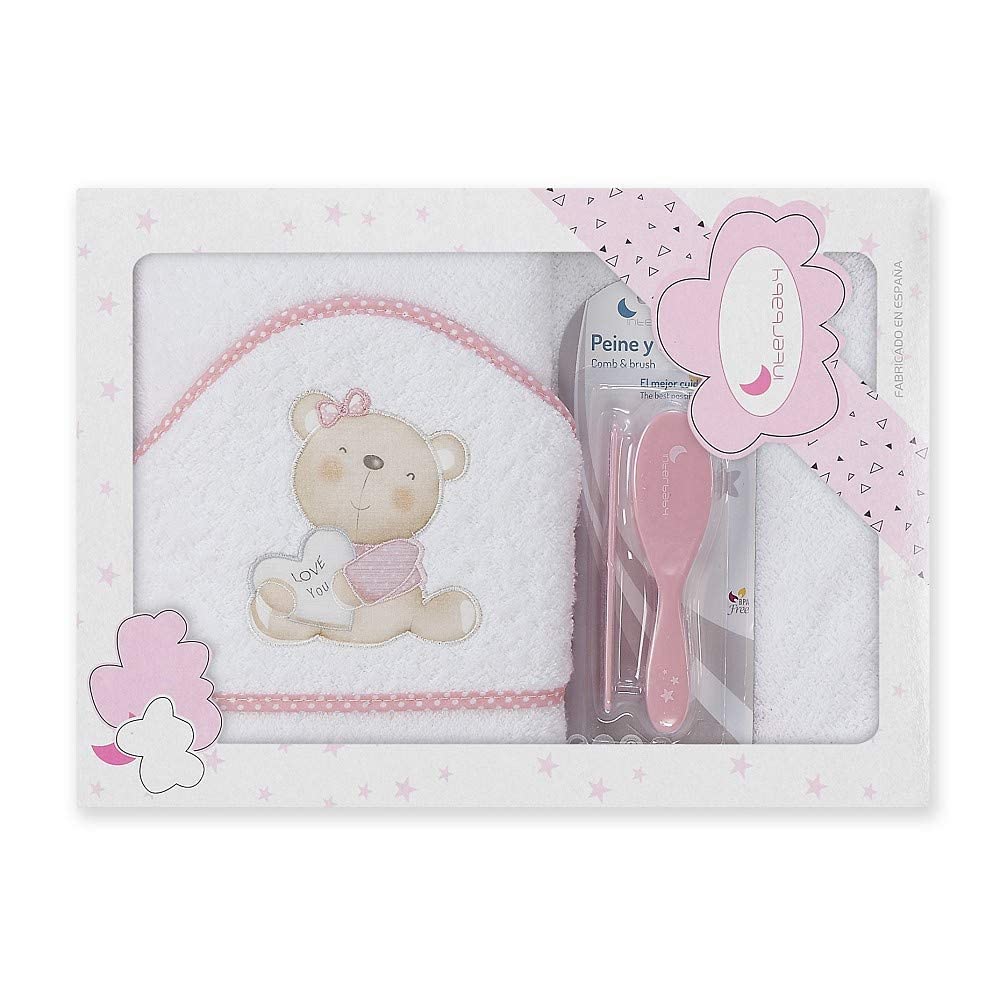 INTERBABY - Set Capa de Baño Love You Blanco y Rosa y Juego de Cepillo y Peines