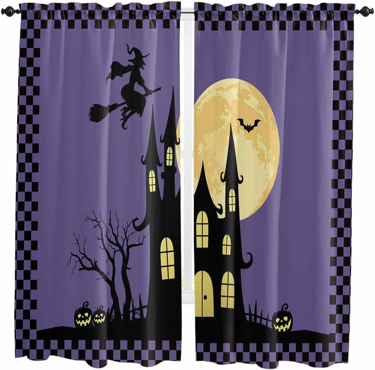 Halloween Night Kitchen Curtains, Horror Castle Witch Evil Pumpkin Purple Plaid Light Filtering Window Curtain, 2Pcs Rod Pocket Window Treatments Set for Living Room Bathroom Bedroom 42x63 Inches