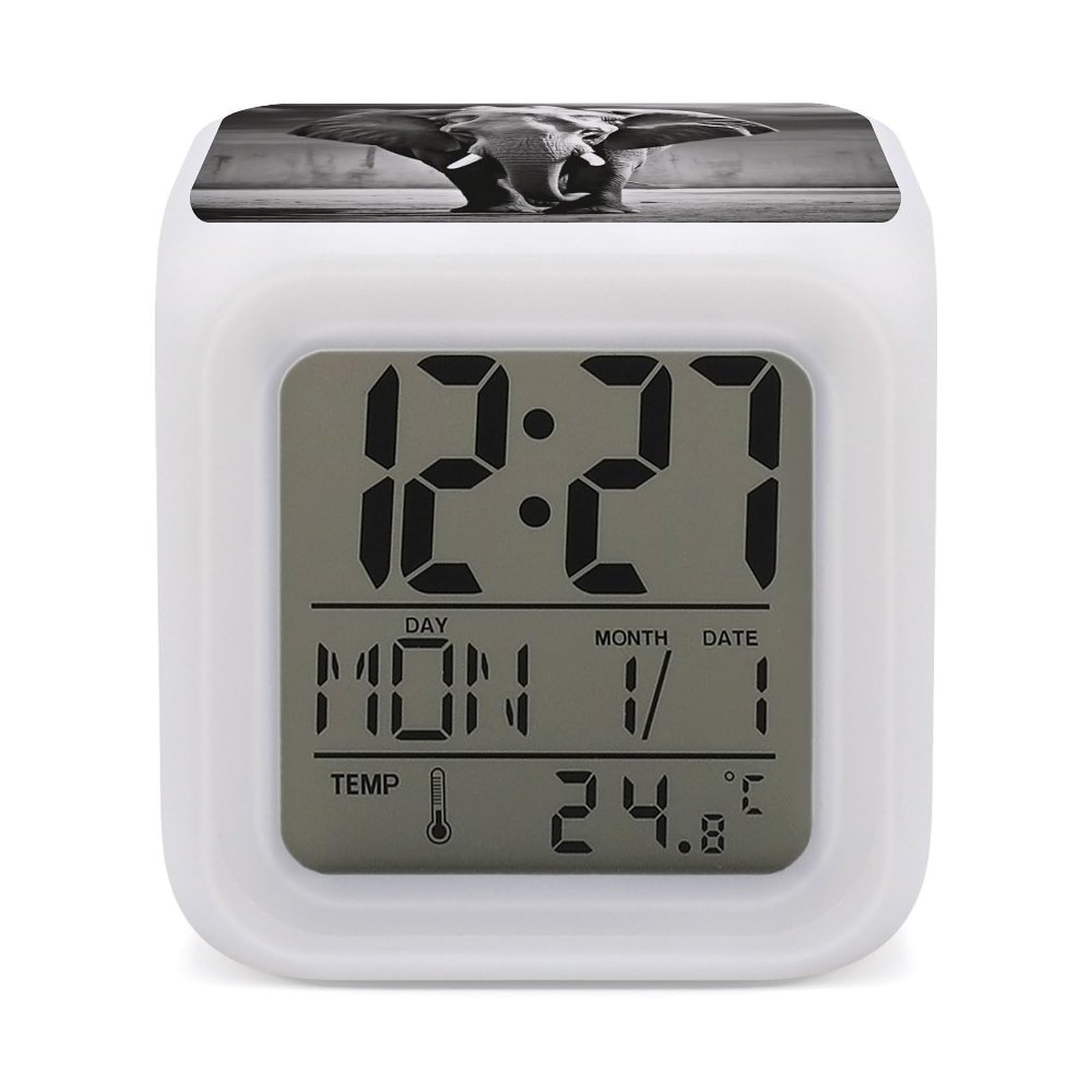 VstaDank Black and White Elephant Digital Alarm Clock LED Display Screen Color Change Alarms Clock Smart Alarm Clock Wake Up Digital Clocks with 7 Color Nightlight for Bedroom