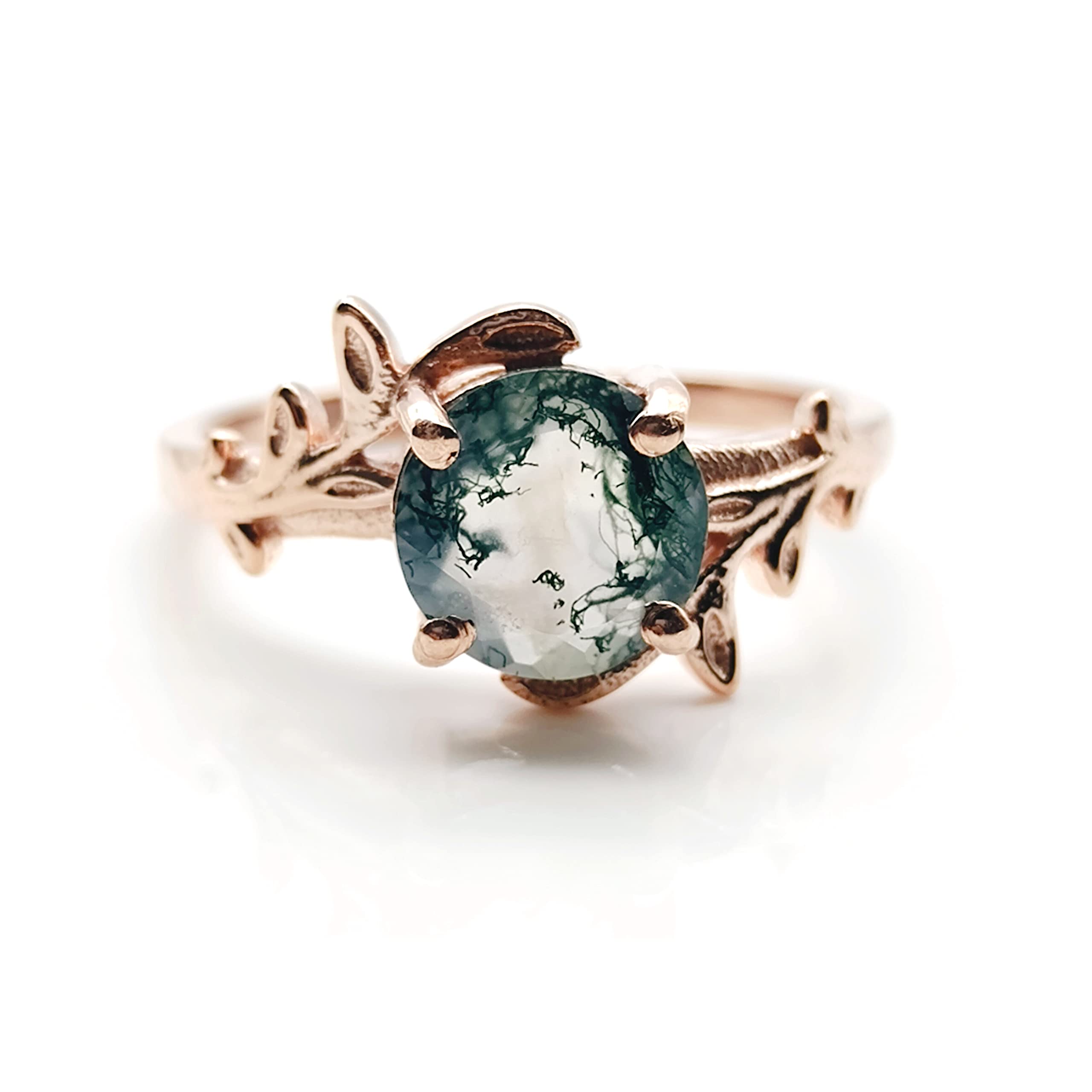 Nature-Inspired Natural Moss Agate Engagement Ring for Women 925 Sterling Silver Jewelry Leaf Design Wedding Gift by Forever Gems & Jewels (Sterling Silver, 7.5 US)