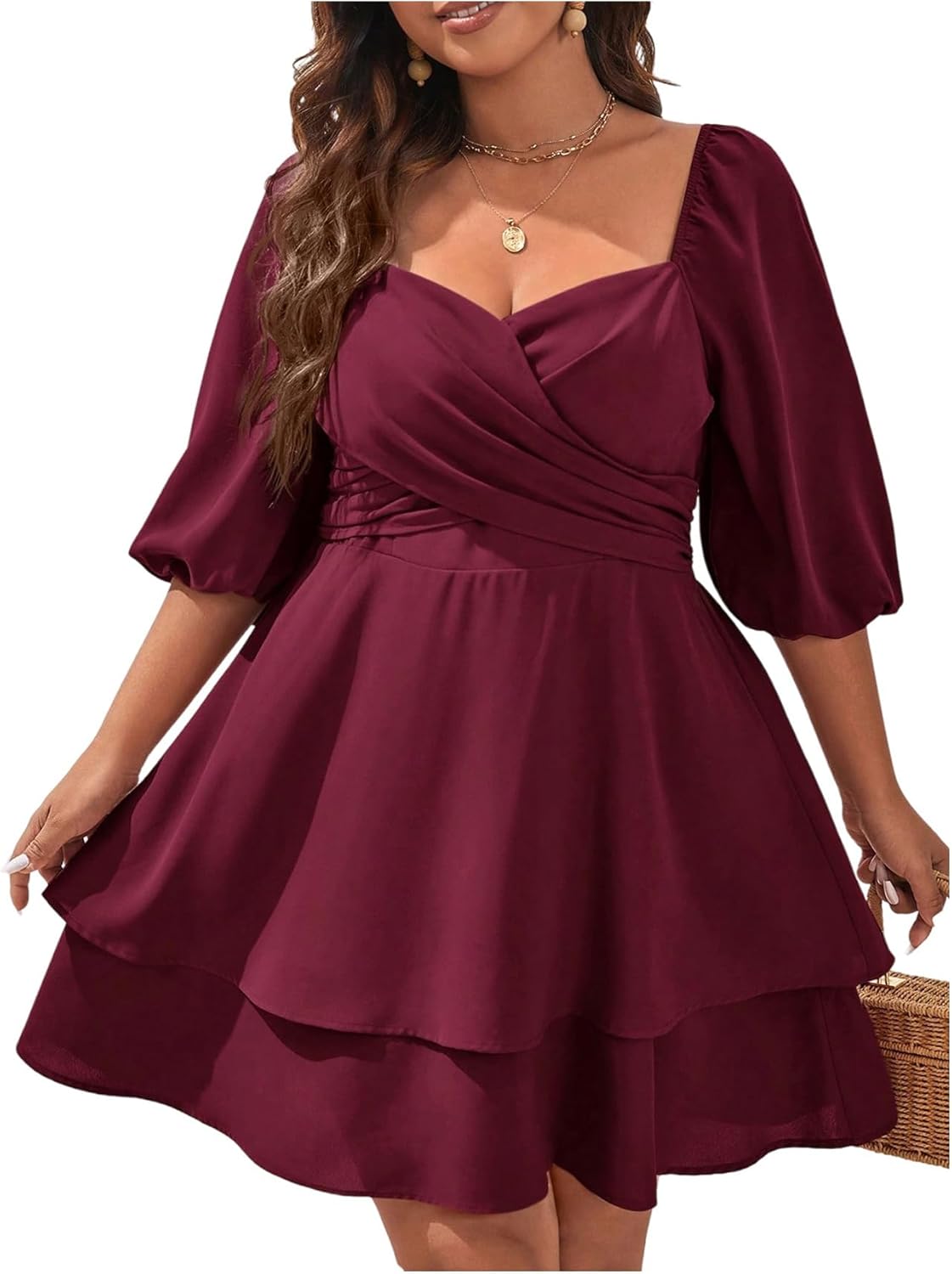 Women's Plus Size Wrap Mini Dress Ruffle Tiered Layer A Line Cocktail Flowy Dress