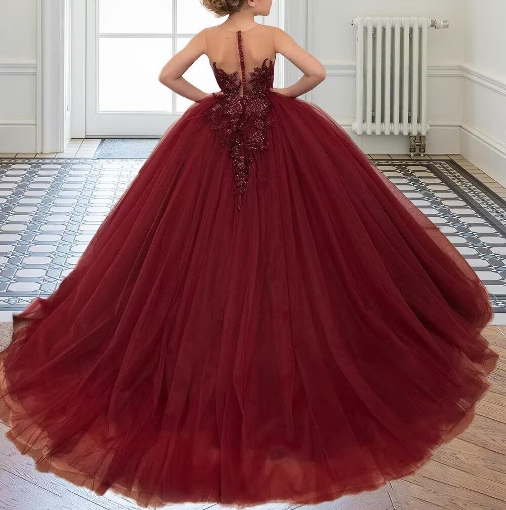 dideyttawl Flower Girls Dress Lace Appliqued Beaded Pearl Puff Tulle Floor Length Sleeveless Dresses Formal Prom Gowns