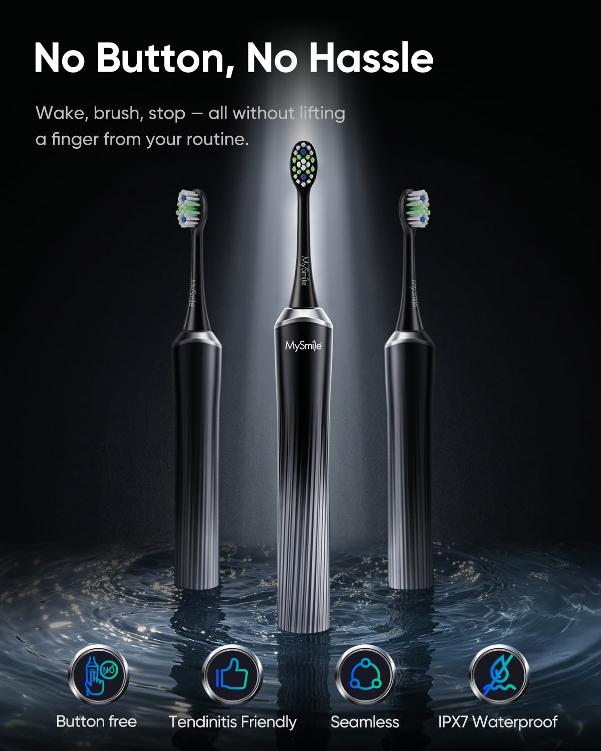 MySmile MS-D59 Elektrische Schallzahnbürste mit Drucksensor und visuellem Lichtring, wiederaufladbare Reisezahnbürsten für Erwachsene, 3 Bürstenköpfe inklusive, Glacier Noir