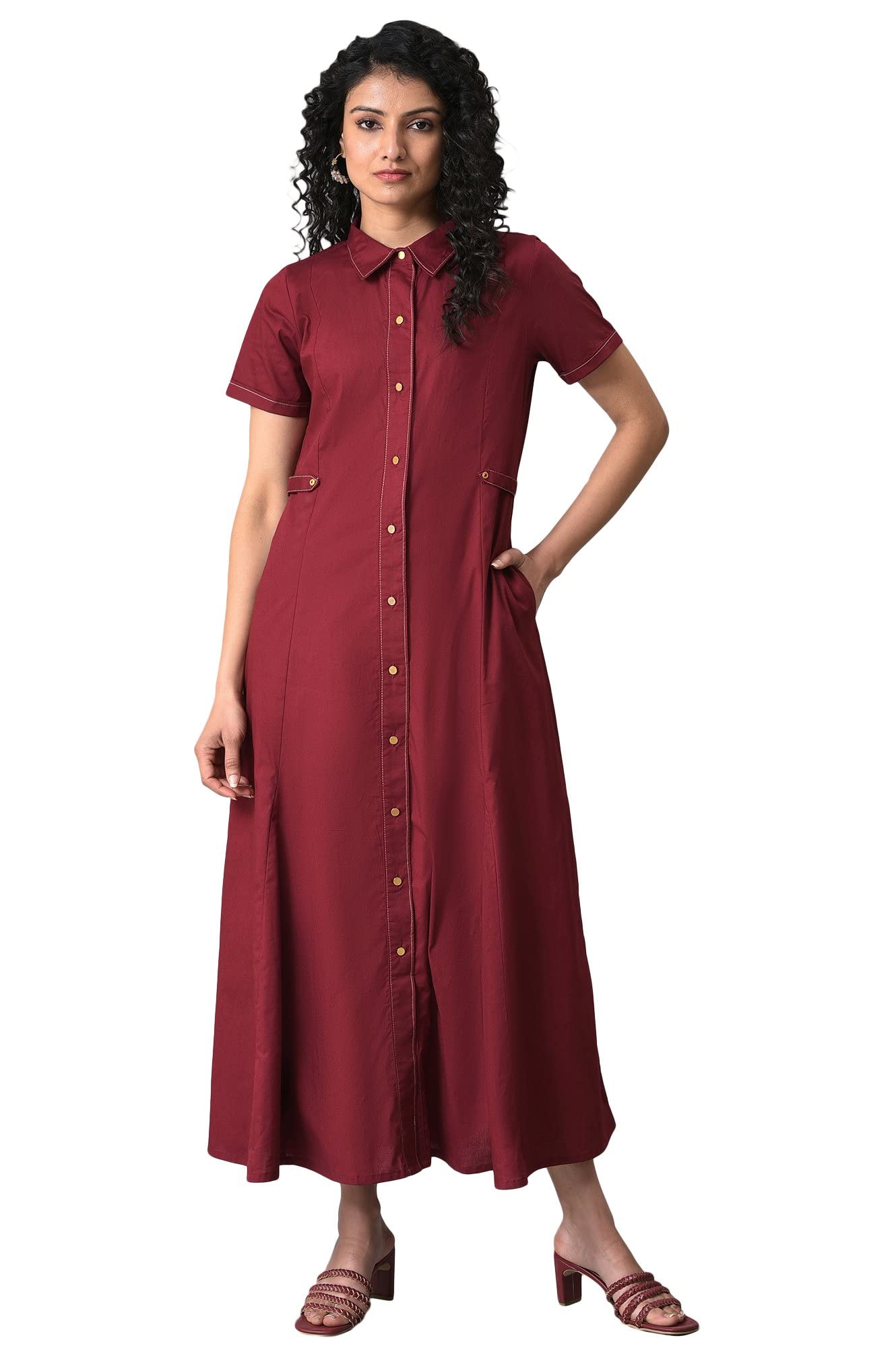 w for woman Women's Fit and Flare Cotton Material Dress, Midi Regular Fit Solid Dress-picture-45