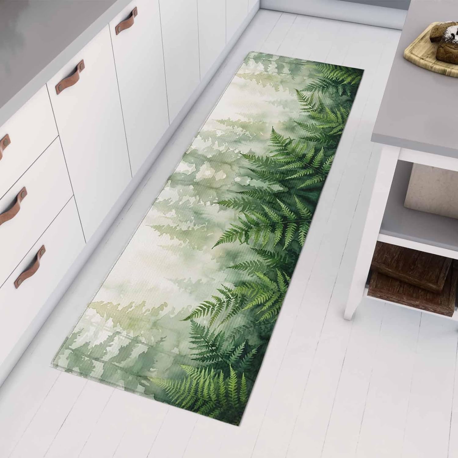 Kitchen Mats for Floor Natural Watercolor Leaves Fern Plant Washable Non Slip Kitchen Rugs 1PCS, Retro Forest Tree Leaf Absorbent Standing Mats for Sink Bathroom Office Living Room 15.7x47.2in