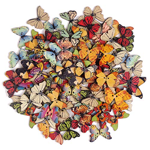 Fingooo 100 Pcs Butterfly Wooden Buttons,1 Inch Colorful 2 Holes Mixed Decorative Buttons For Diy Sewing&Wood Craft Clothes Accessories #TOP24