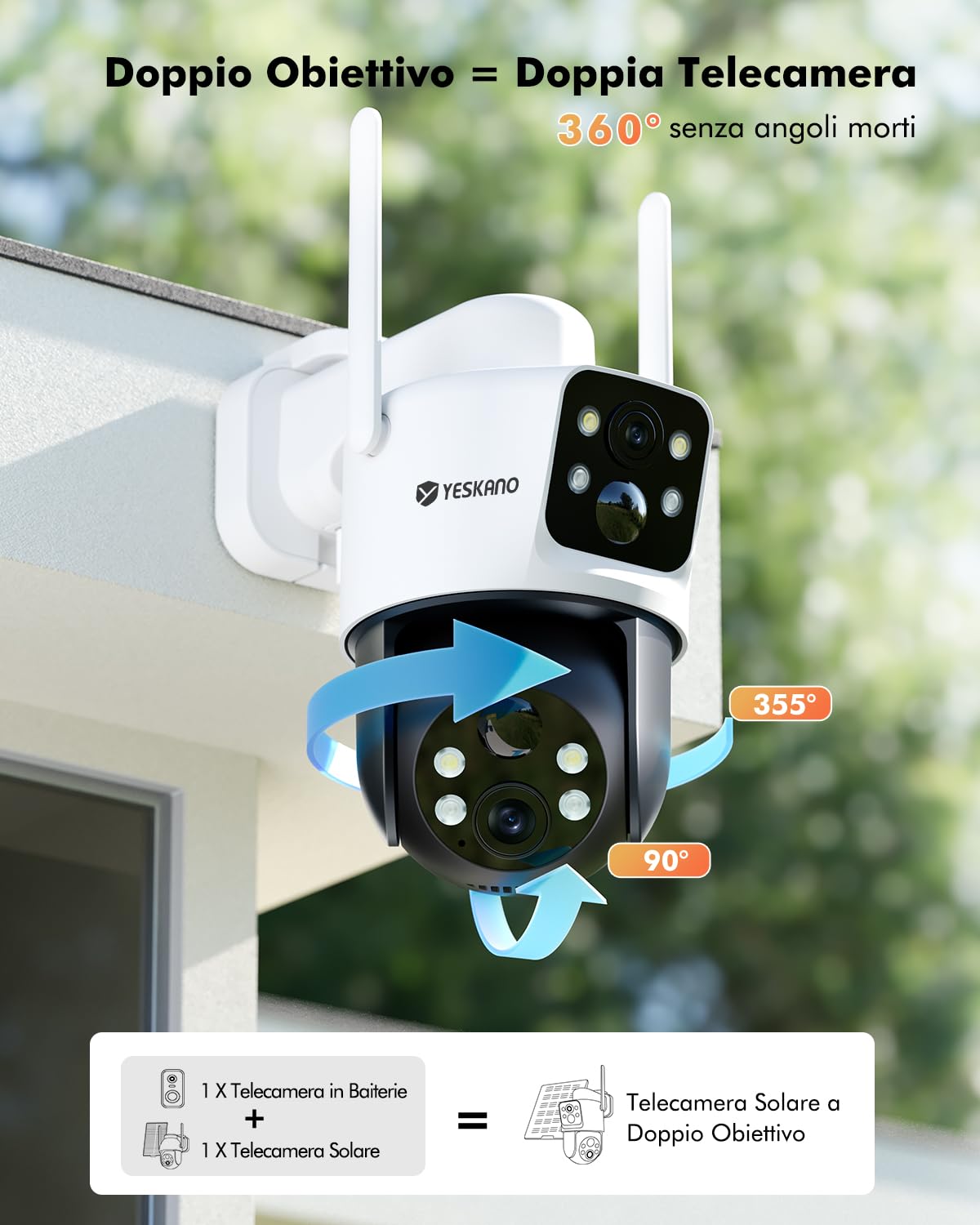 YESKANO Telecamera Sorveglianza WiFi Esterno 2K Doppia Lente | Panel Solar de 6 W, Vista Fija y Seguimiento de Movimiento, Audio Bidireccional, Visión Nocturna en Color, IP66, 2,4 GHz
