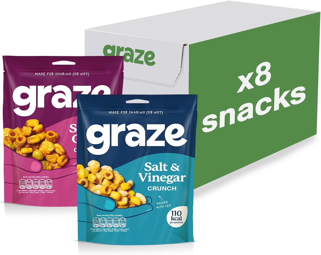 Graze - Sweet Chilli and Salt & Vinegar Snacks - Healthy Alternative for Crisps, Mixed Nuts & Pretzels -Ideal if You Love Corn, Broad Beans and Corn Hoops Mixed Savoury Vegan Snacks (8x100g)