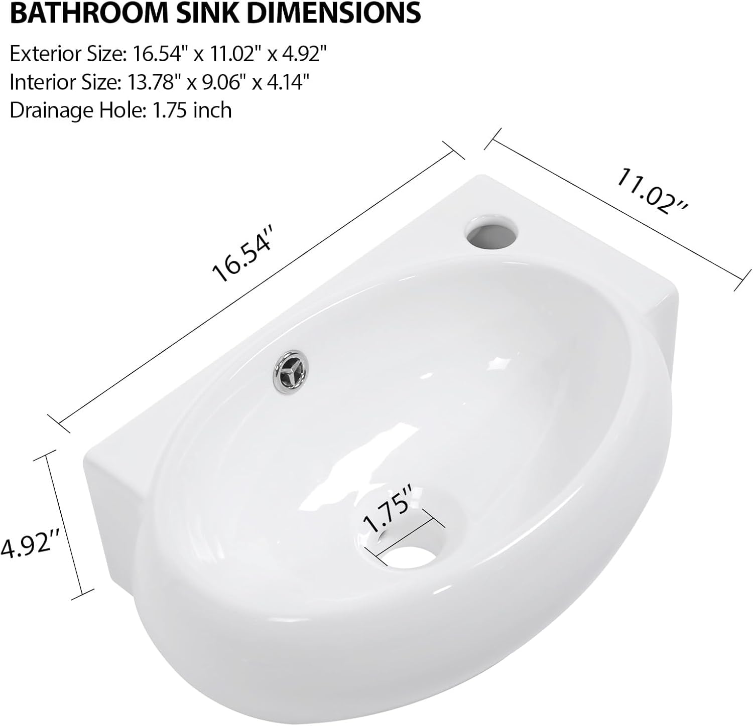 Wall Mount Vessel Sink Right Hand - 16 x 11 Inch Oval Bowl Rectangular Wall Hung Bathroom Sink Basin White Ceramic Porcelain Modern Floating Vessel Sink