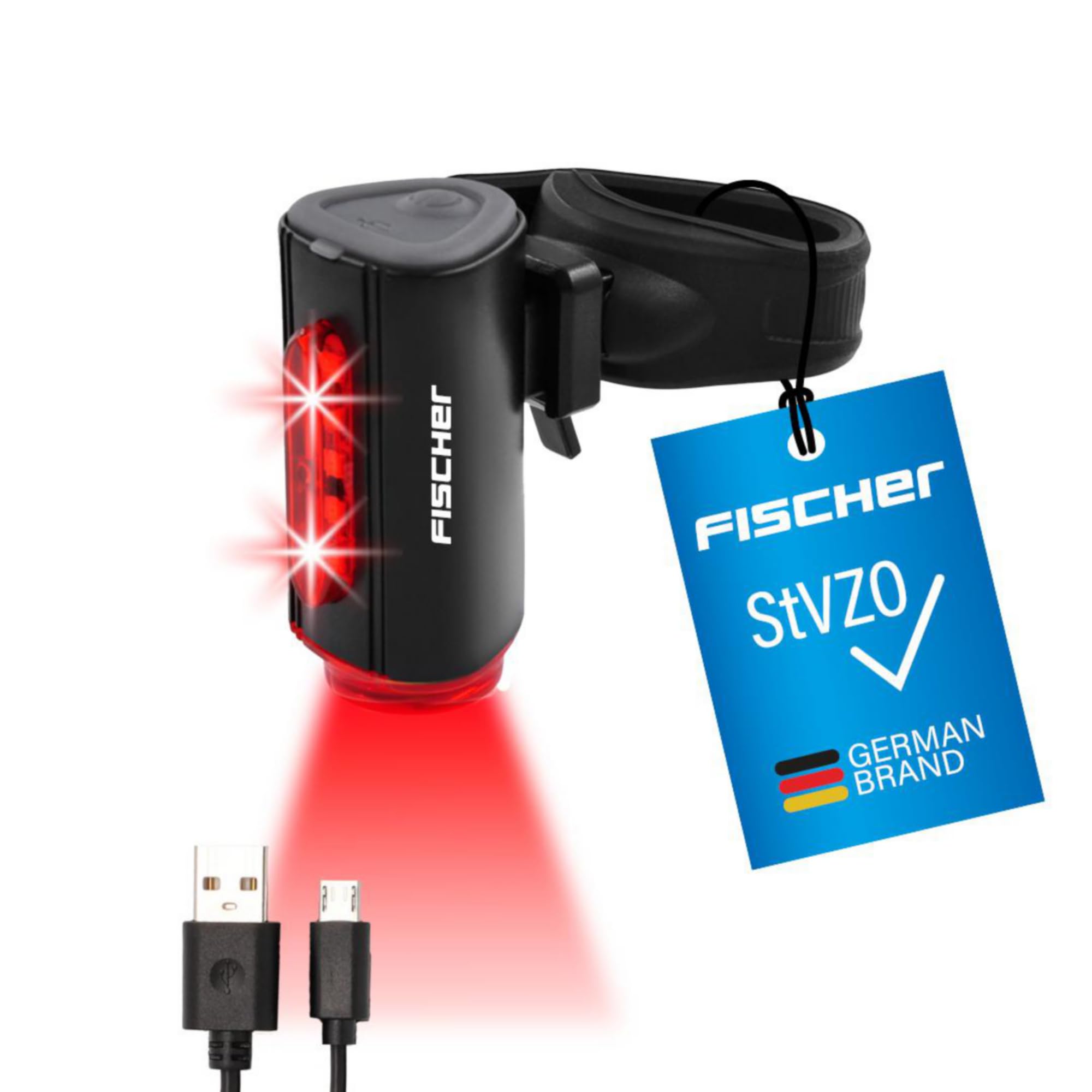 FISCHER LED-Fahrradrücklicht Twin Stop – mit 360° Boden-Licht | USB-C aufladbares Fahrrad-Rücklicht | IP44-Aluminiumgehäuse | StVZO-zertifiziertes Fahrradlicht, werkzeuglose Montage