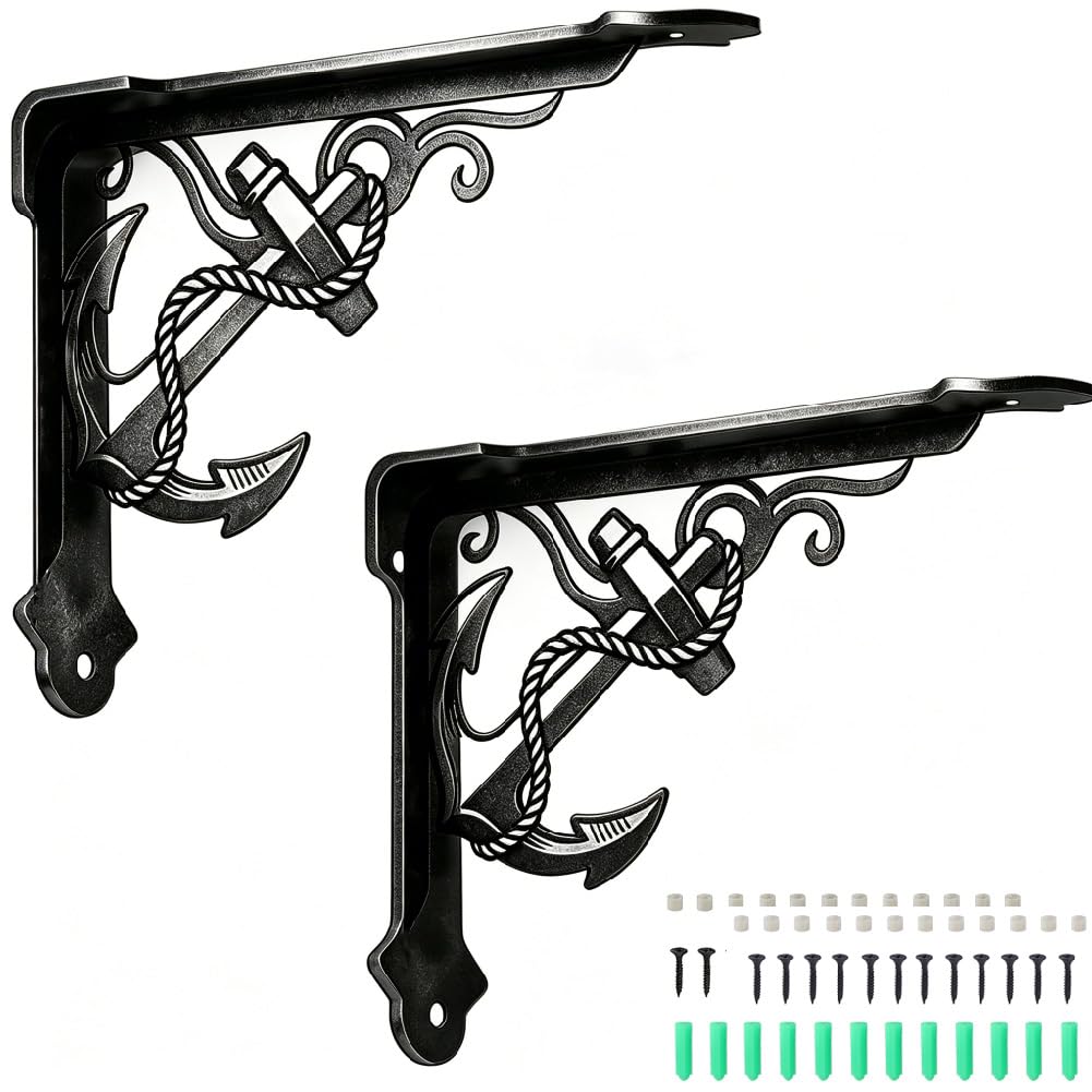 2 Supports D'Étagère en Forme D'Ancre 6.77 x 8.27 x 0.08 Pouces Support D'Étagère Décoratif Robuste en Fer Noir en Forme D'Ancre Helm Support Mural de Style Angle Droit Orné pour la