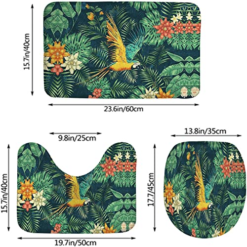 Badezimmerteppich-Set, 3-teilig, grüne Pflanzenblätter und der Fliegende gelb-Blaue Papagei, waschbare Badeteppiche, rutschfest, mit Rückenpolster, Konturteppich und Toilettendeckelbezug – Bild 3