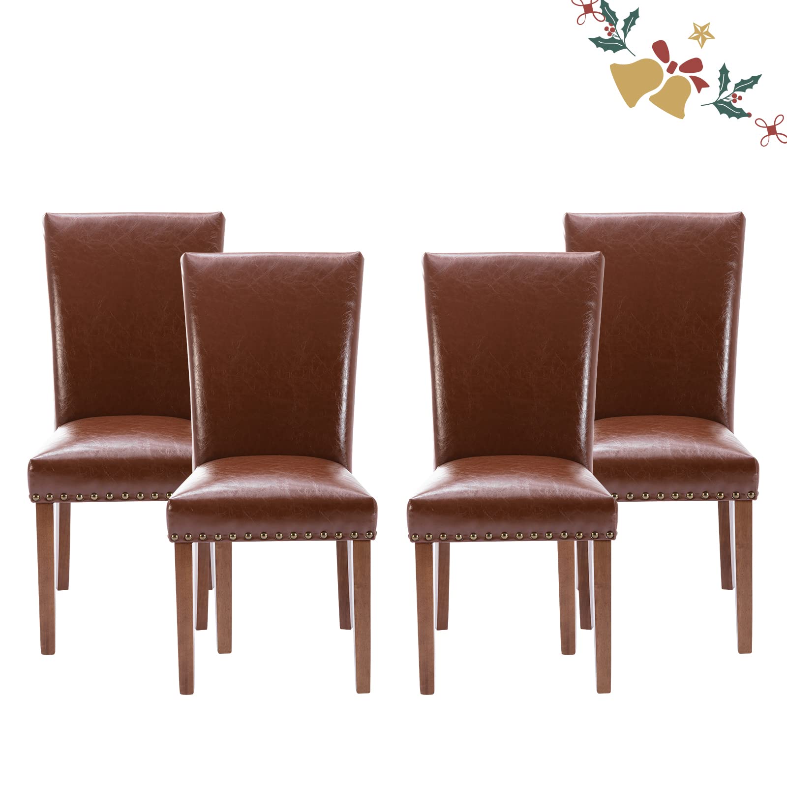 Parsons Dining Chairs Set of 4, Upholstered Nailhead PU Leather Dining Room Kitchen Side Chair with Thick Cushions and Wood Legs, Light Brown