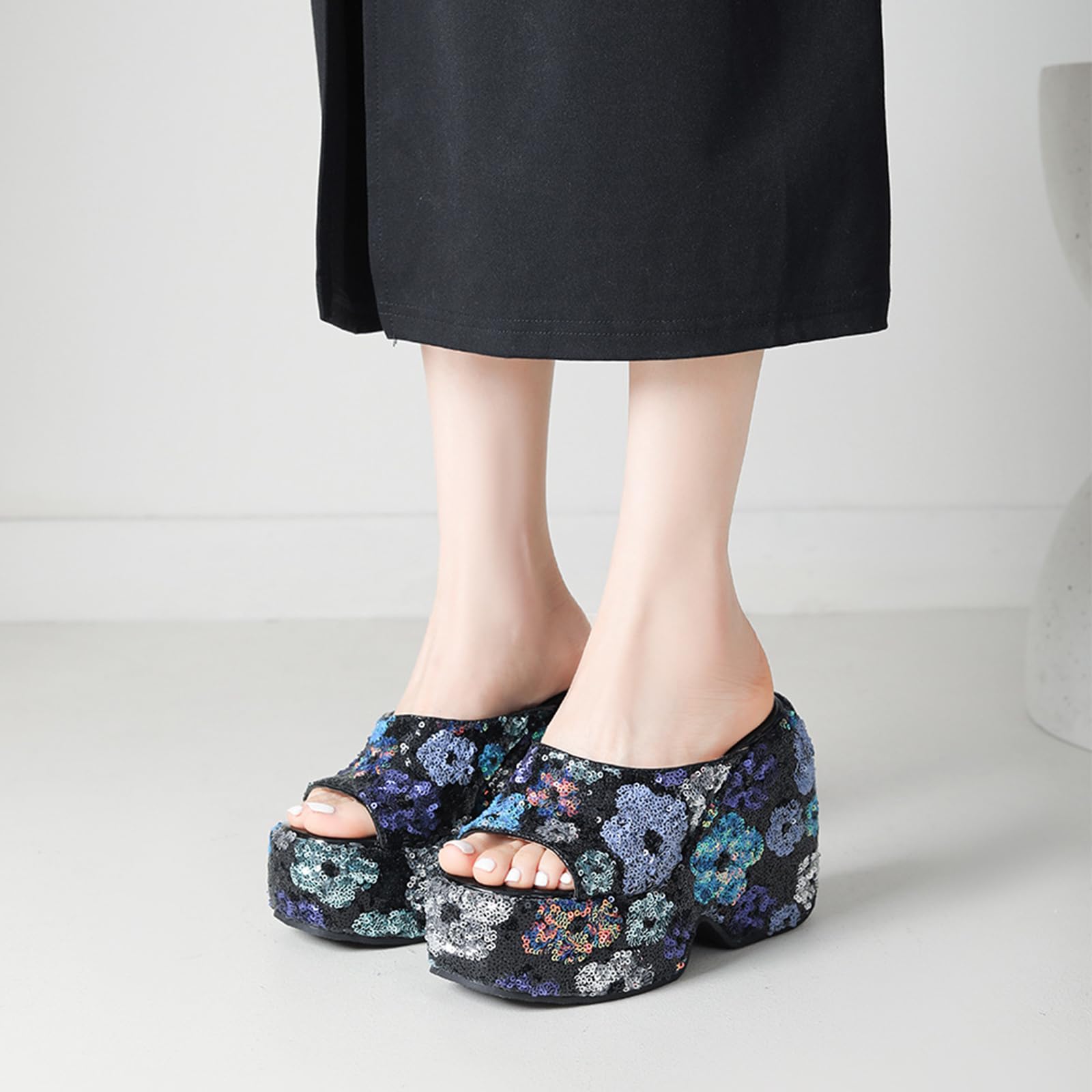 Sandali Donna Mule Zeppe con Paillettes, Punta Aperta, Slip-On con Tacchi a Zeppa Spessi, Scarpe Brillanti per Feste e Festival