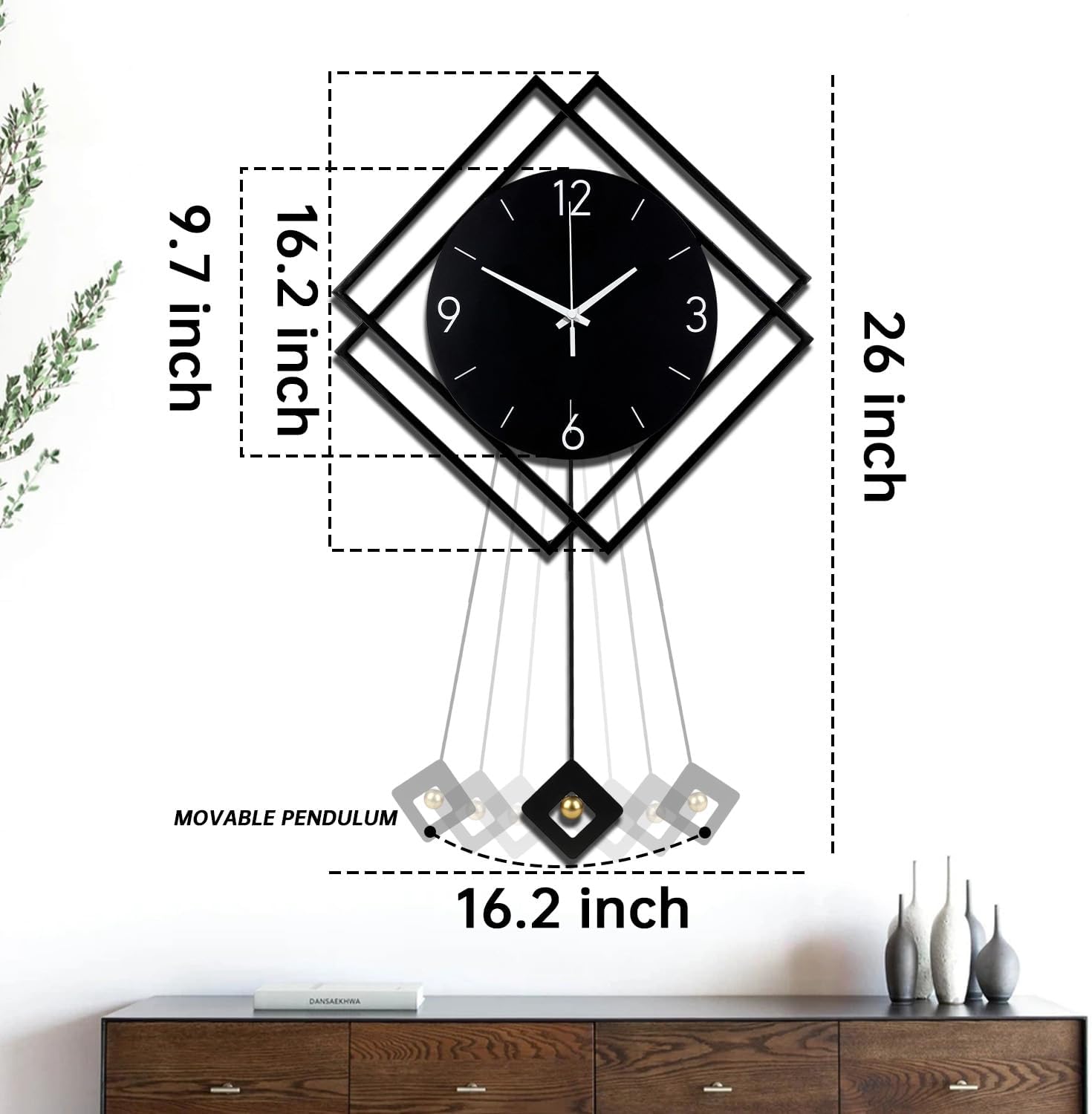 Wall Clock with Pendulum,Silent Quality Quartz Battery Operated,Modern Large Wall Clocks for Living Room Kitchen Home Bathroom Bedroom Wall Decor,16.2x26Inch(Black)