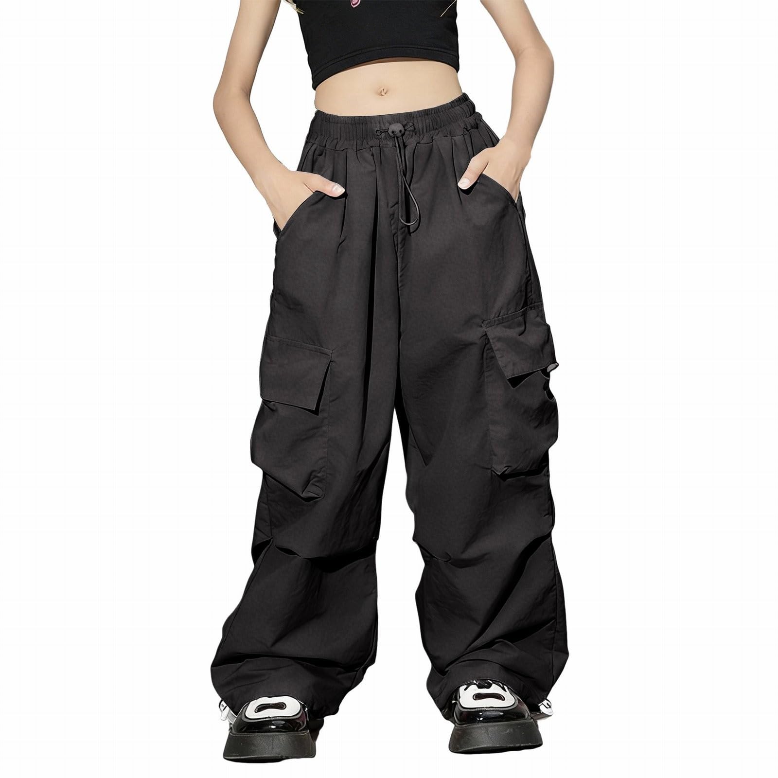 Pantalones cargo plisados para niñas, cintura elástica, rectos, holgados, de pierna ancha, pantalones deportivos para adolescentes