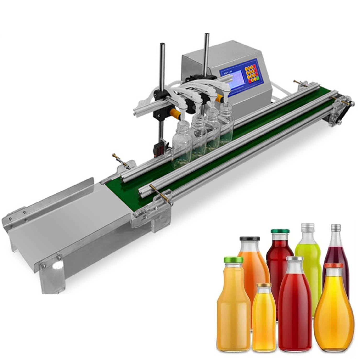 Macchina Riempitrice Quantitativa Liquidi a 4 Ugelli Regolabili, Nastro Trasportatore, 10-5000ml, Mini Linea Produzione per Acqua Succo Olio Latte Detersivo 4H3200
