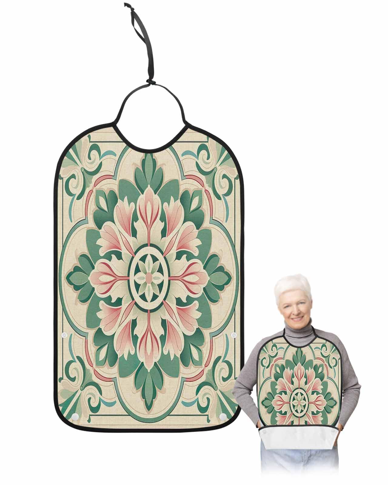 LEOKOTI Pink Green Flower Adult Bibs for Eating, Waterproof Bibs with Food Catcher & Adjustable Snap Closure, Elegant Spring Floral Abstract Art Washable Clothing Protectors Adult Bibs for Elderly