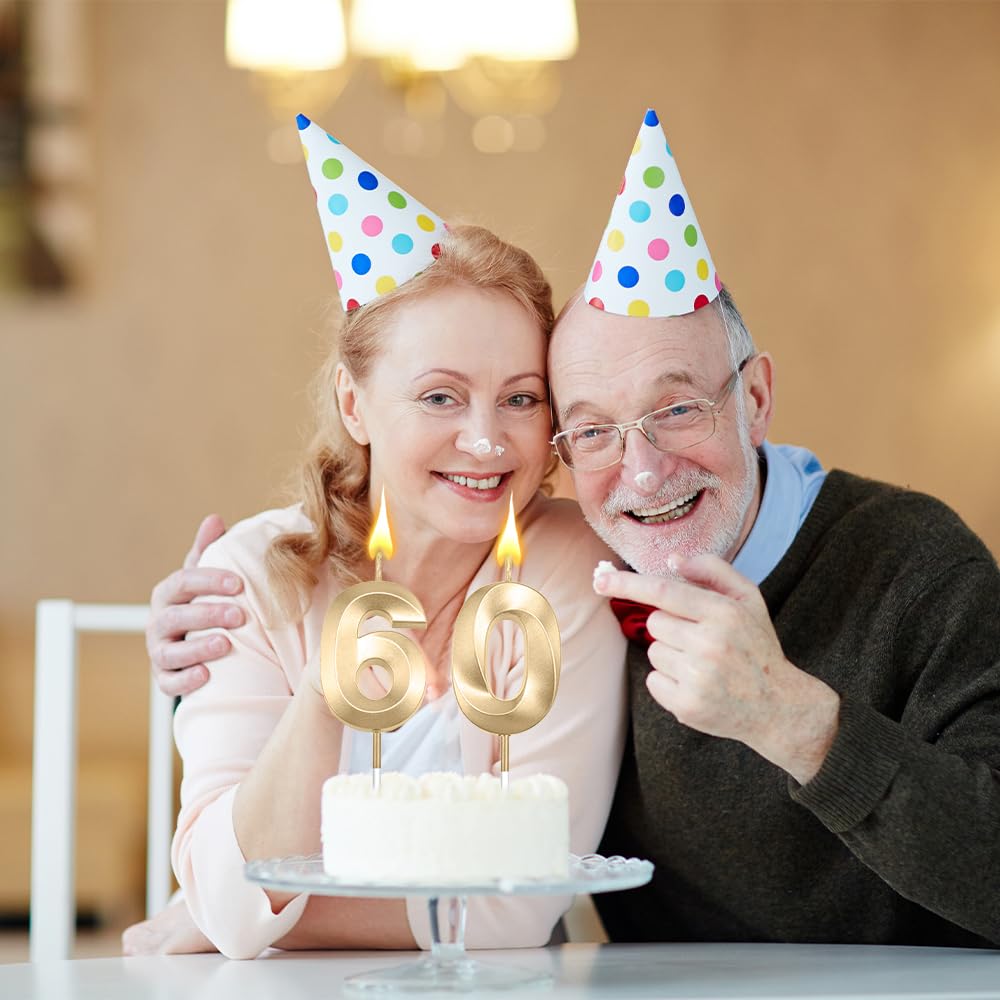 60th Birthday Candles - Rose Gold Number 60 Cake Candles With Crown Design